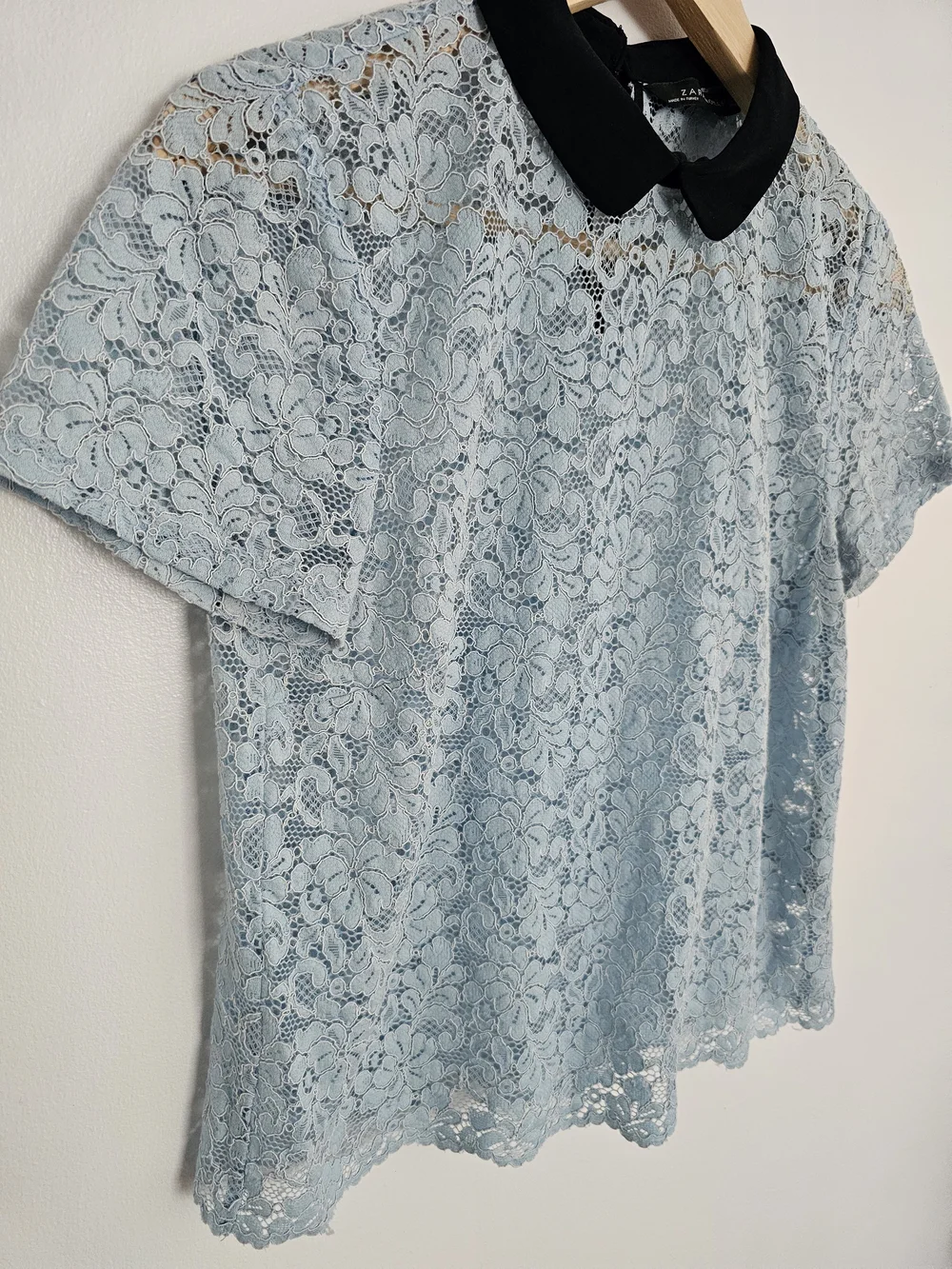 Zara Powder Blue Lace Blouse Black Peter Pan Collar Size S - Picture 3 of 8